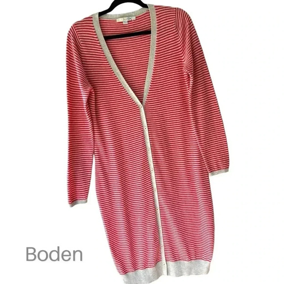 BODEN | NWOT | LONG COTTON & WOOL CARDIGAN SWEATER RED STRIPE | SIZE: 8 - Picture 1 of 9
